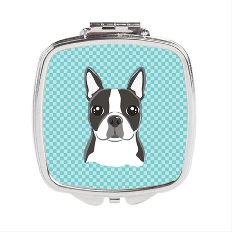 Carolines Treasures BB1141SCM Checkerboard Blue Boston Terrier Compact Mirror, 2.75 x 3 x .3 In.