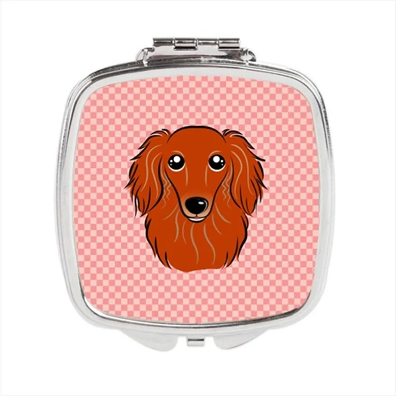 Carolines Treasures BB1214SCM Checkerboard Pink Longhair Red Dachshund Compact Mirror, 2.75 x 3 x .3 In.