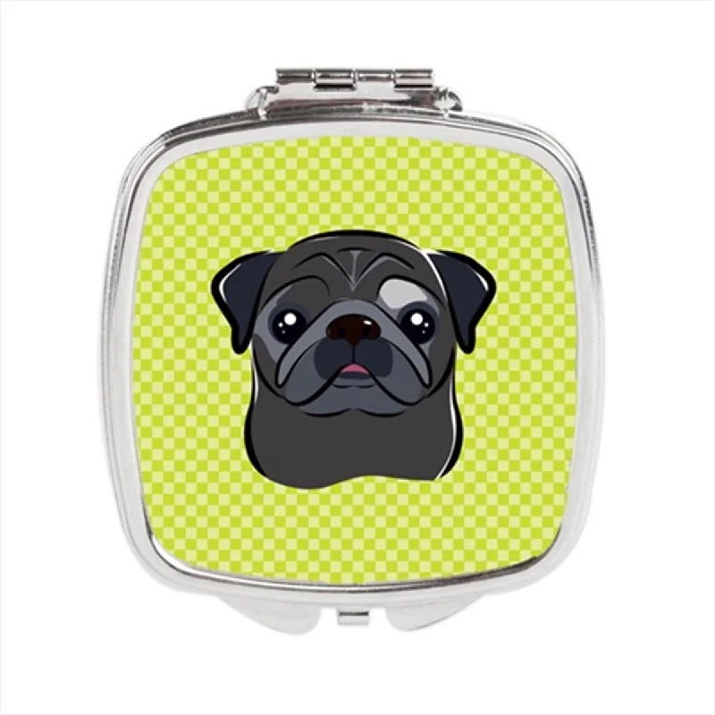 Carolines Treasures BB1325SCM Checkerboard Lime Green Black Pug Compact Mirror, 2.75 x 3 x .3 In.