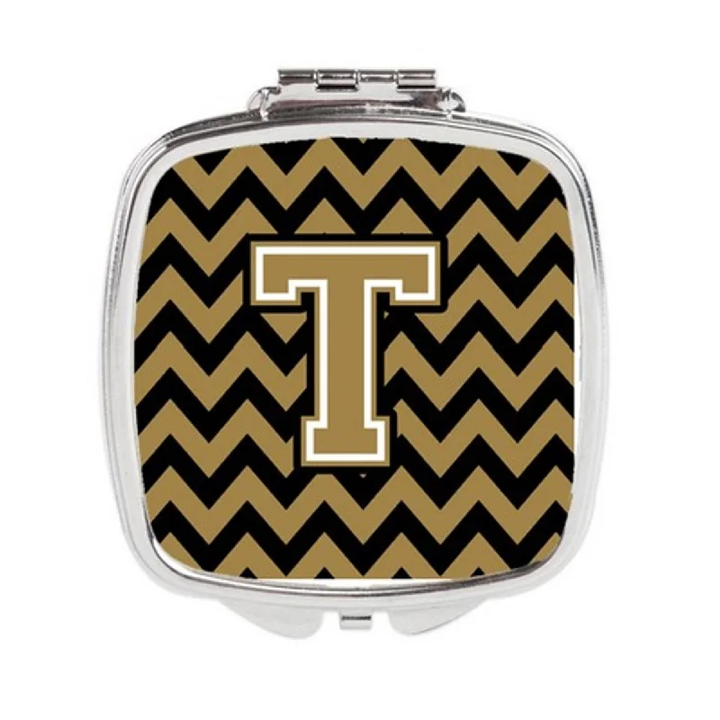 Carolines Treasures CJ1050-TSCM Letter T Chevron Black & Gold Compact Mirror, 3 x 0.3 x 2.75 in.