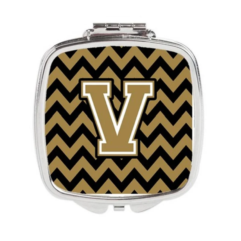 Carolines Treasures CJ1050-VSCM Letter V Chevron Black & Gold Compact Mirror, 3 x 0.3 x 2.75 in.