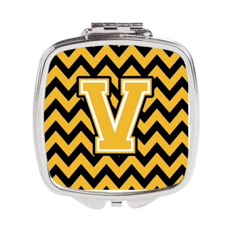 Carolines Treasures CJ1053-VSCM Letter V Chevron Black & Gold Compact Mirror, 3 x 0.3 x 2.75 in.