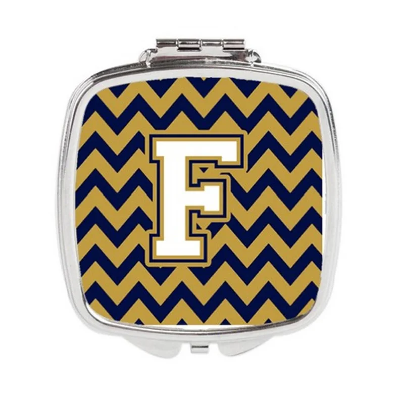 Carolines Treasures CJ1057-FSCM Letter F Chevron Navy Blue & Gold Compact Mirror