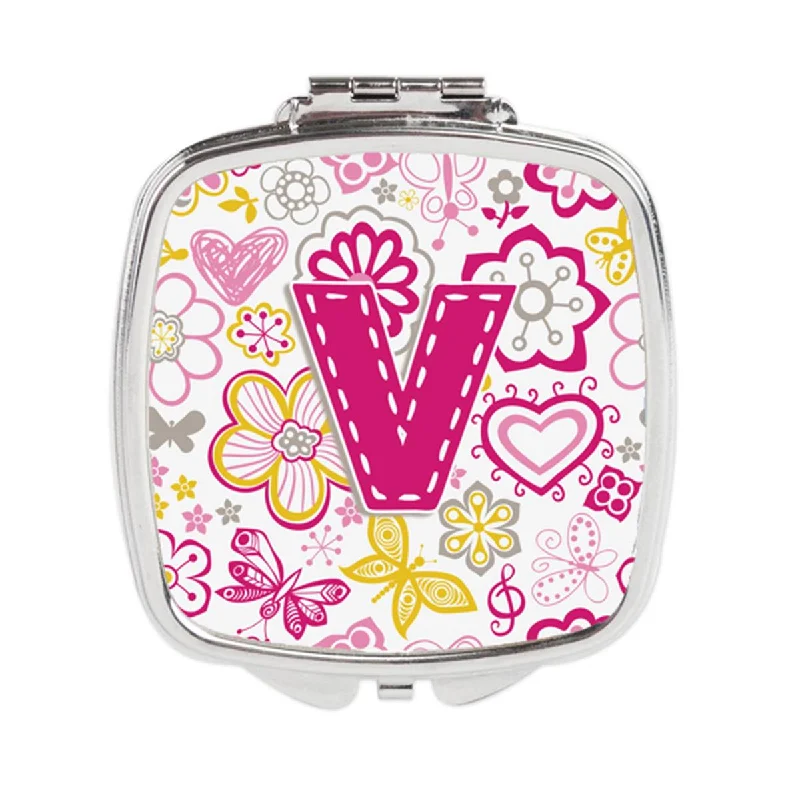 Carolines Treasures CJ2005-VSCM Letter V Flowers & Butterflies Pink Compact Mirror