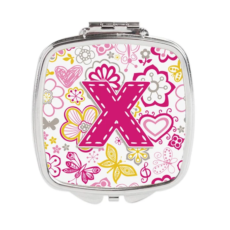 Carolines Treasures CJ2005-XSCM Letter X Flowers & Butterflies Pink Compact Mirror