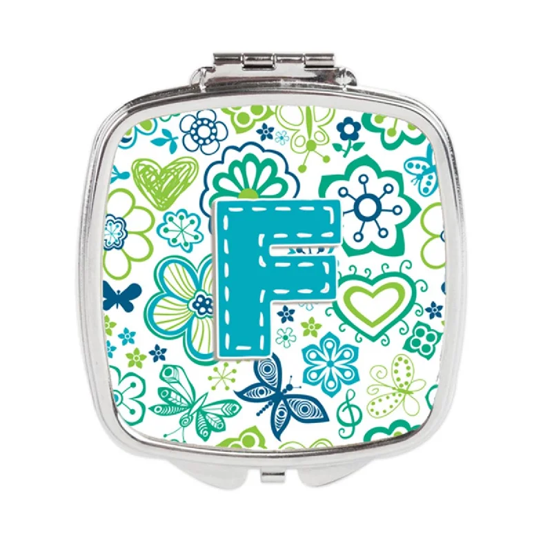 Carolines Treasures CJ2006-FSCM Letter F Flowers & Butterflies Teal Blue Compact Mirror