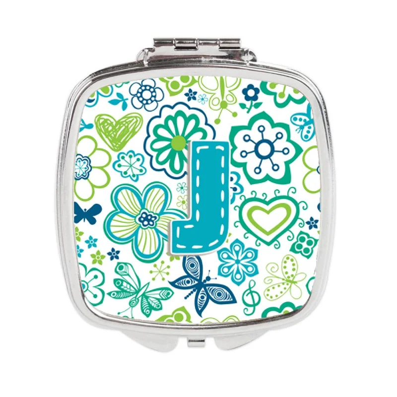 Carolines Treasures CJ2006-JSCM Letter J Flowers & Butterflies Teal Blue Compact Mirror