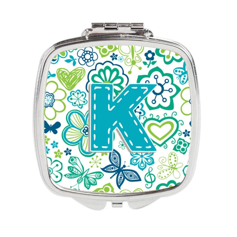 Carolines Treasures CJ2006-KSCM Letter K Flowers & Butterflies Teal Blue Compact Mirror