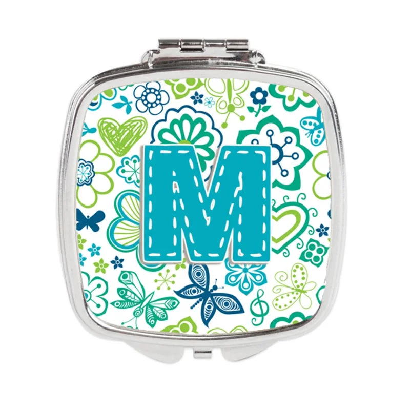 Carolines Treasures CJ2006-MSCM Letter M Flowers & Butterflies Teal Blue Compact Mirror