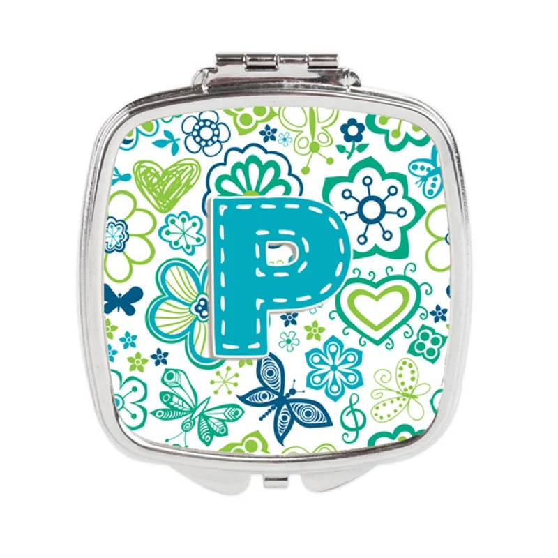 Carolines Treasures CJ2006-PSCM Letter P Flowers & Butterflies Teal Blue Compact Mirror