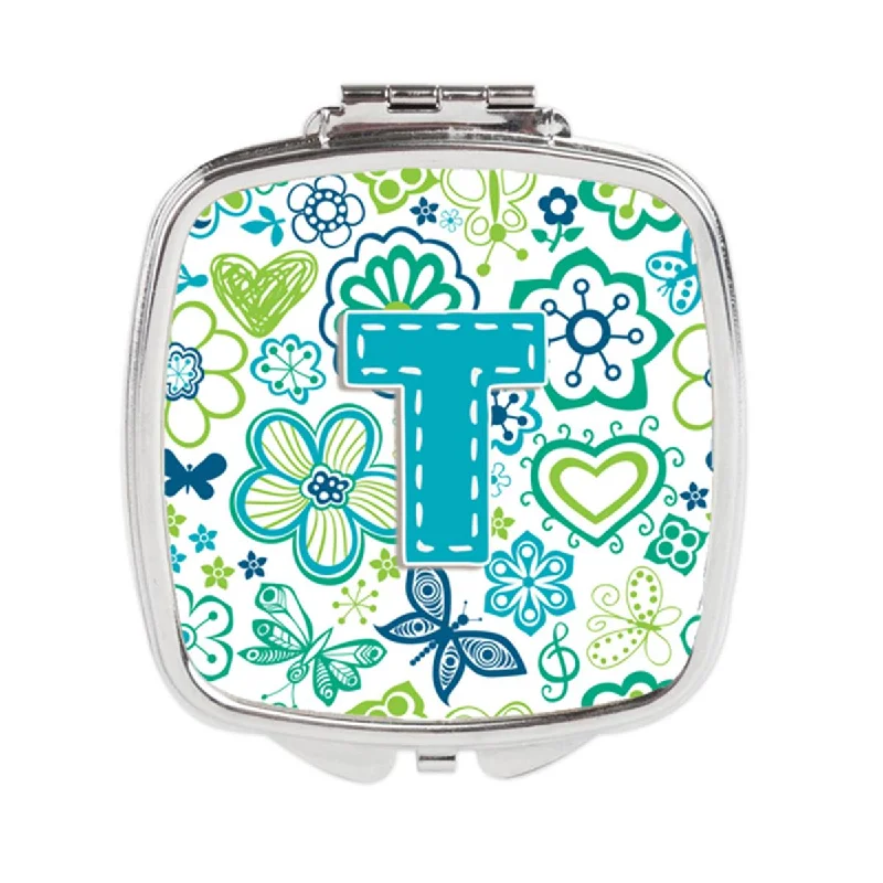 Carolines Treasures CJ2006-TSCM Letter T Flowers & Butterflies Teal Blue Compact Mirror