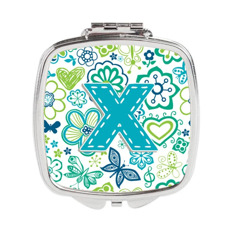 Carolines Treasures CJ2006-XSCM Letter X Flowers & Butterflies Teal Blue Compact Mirror