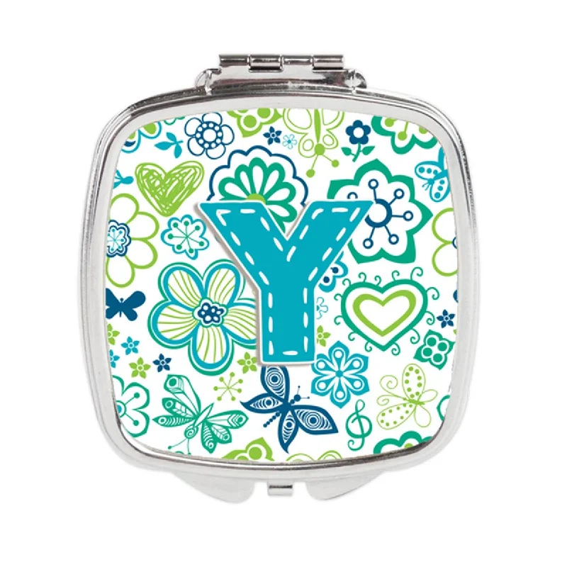 Carolines Treasures CJ2006-YSCM Letter Y Flowers & Butterflies Teal Blue Compact Mirror