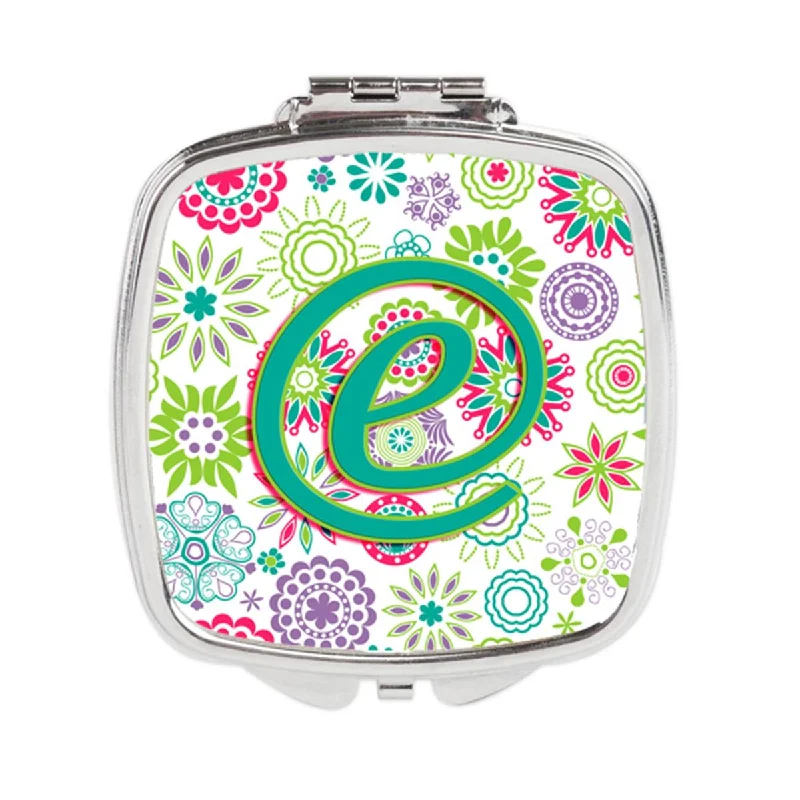 Carolines Treasures CJ2011-ESCM Letter E Flowers Pink Teal Green Initial Compact Mirror